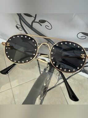 Gold Frame Black Lens Round Sunglasses with Crystal Studs